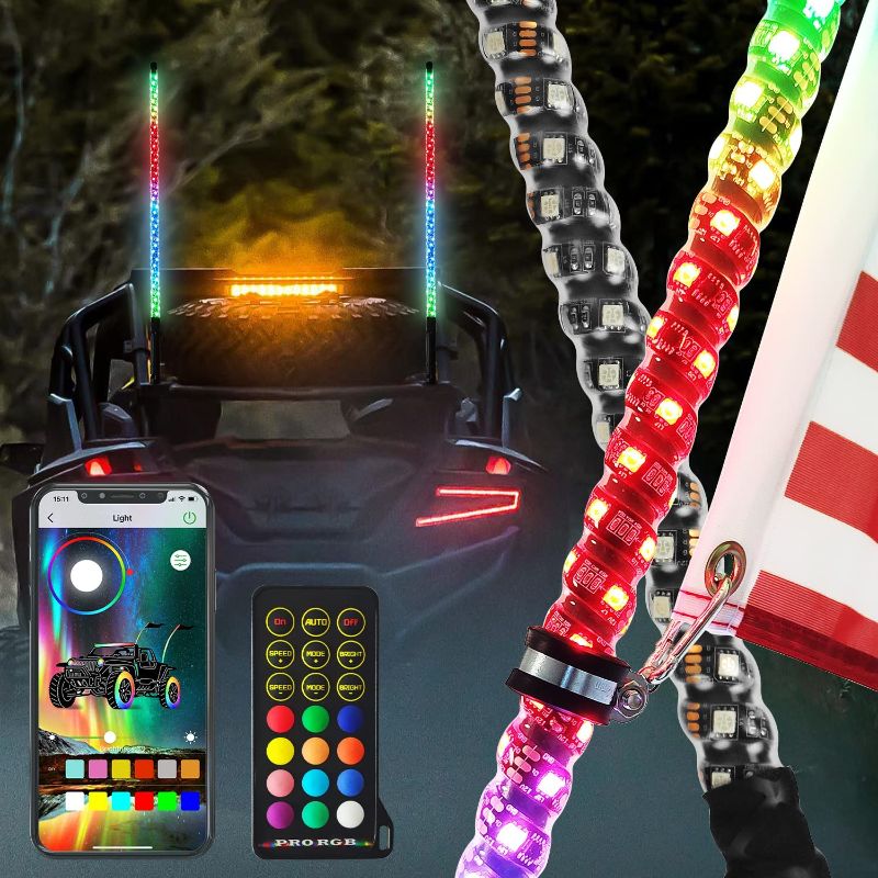 Photo 1 of Omotor 2pcs 3ft LED Whip Lights with Bluetooth and Remote Control Spiral RGB Chase Light Offroad 360°Spiraling Rising Dream Wrapped Dancing Whips
