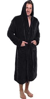 Photo 1 of Ross Michaels Mens Robe with Hood - Soft Warm 320 GSM Mid Length Bathrobe - Plush Shawl Collar Fleece Bath Robes for Men Black
