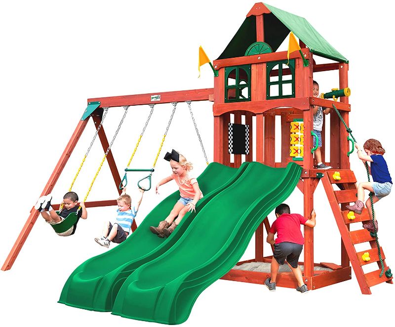 Photo 1 of Gorilla Playsets 01-1057 Playmaker Deluxe Wooden Swing Set with Vinyl Canopy Roof, Dual Wave Slides, and Rock Climbing Wall, Redwood Stained Cedar (Amazon Exclusive) --- ACCESSORY BOX ONLY ---- MISSING REST OF PLAYSET 
