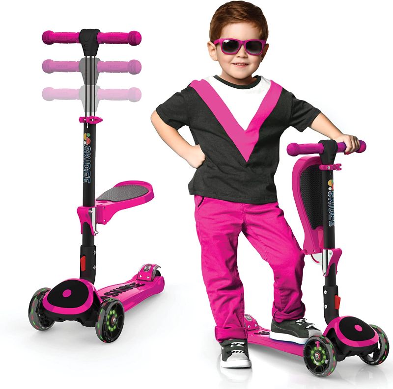 Photo 1 of Kick Scooters for Kids Ages 3-5 (Suitable for 2-12 Year Old) Adjustable Height Foldable Scooter Removable Seat, 3 LED Light Wheels, Rear Brake, Wide Standing Board, Outdoor Activities for Boys/Girls
