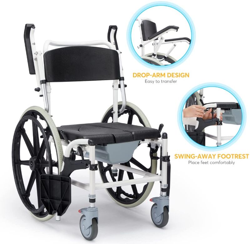 Photo 2 of OasisSpace Shower Wheelchair Commode 24" - Rolling Shower and Commode Transport Chair with Wheels, Rolling Shower Chair with Drop-Arms for Inside Shower, Shower Wheelchair for Elderly and Disabled
