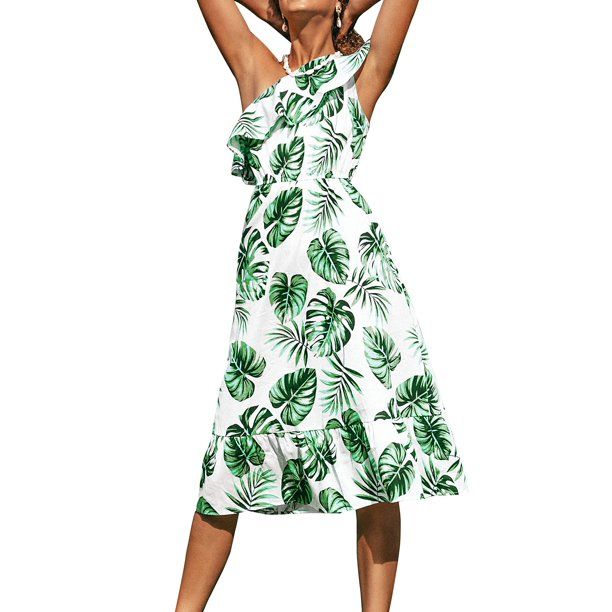 Photo 1 of Cupshe Women's Green Leafy Print One Shoulder Ruffle Ankle Length Dress, SIZE MEDIUM 