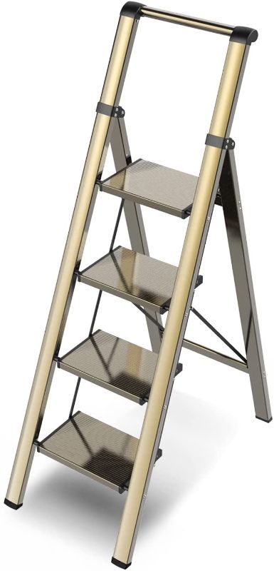 Photo 1 of 4 Step Lightweight Aluminum Ladder Folding Step Stool Stepladders with Anti-Slip and Wide Pedal for Home and Kitchen Use Space Saving (Light Gold)

