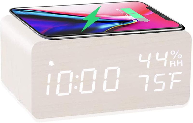 Photo 1 of Wooden Digital Alarm Clock with Wireless Charging, 3 Alarms LED Display, Sound Control and Snooze Dual for Bedroom, Bedside, Desk, Office, White
