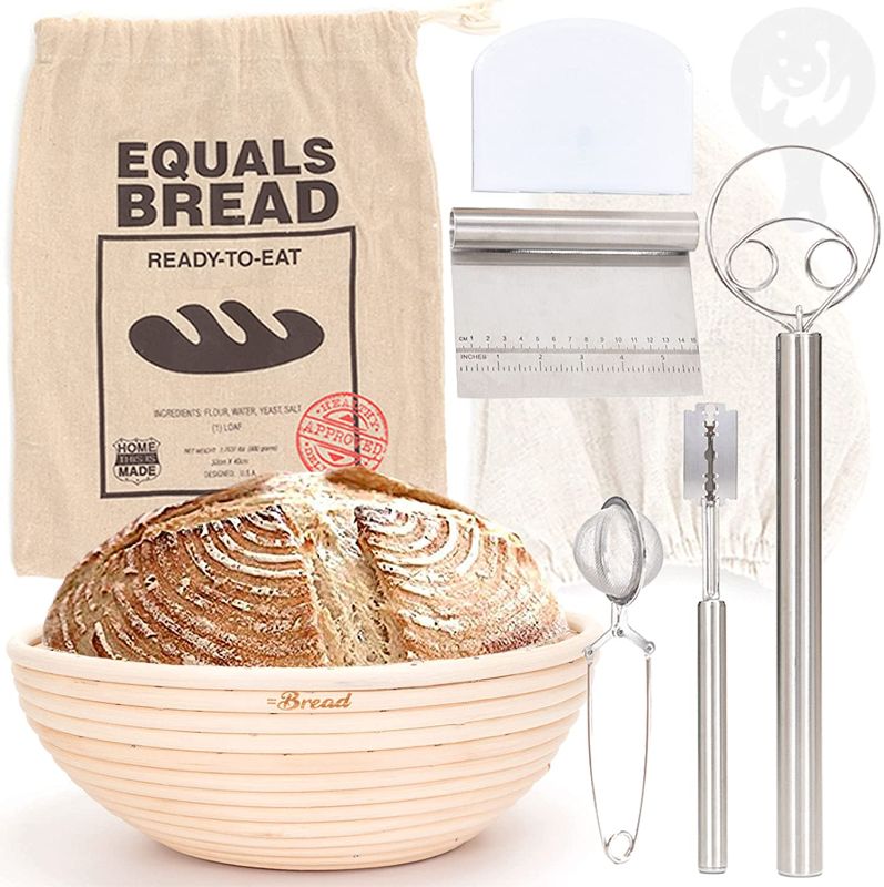 Photo 1 of 10 Inch Bread Proofing Basket Set with Stainless Steel Accessories, EQUALS BREAD Banneton Bread Proofing Basket + Dough Whisk + Bread Lame + Dough Scraper + Dough Cutter + Flour Sifter + Linen Liner Cloth + Linen Bread Bag + Stencil, Bread Baking Kit
