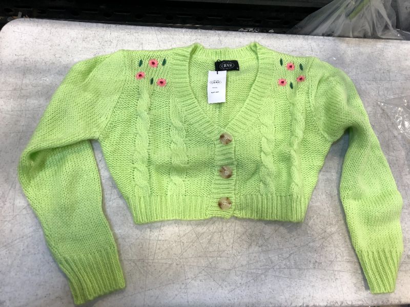 Photo 1 of CIDER NEON GREEN LONG SLEEVE CROP TOP SWEATER WITH FLOWERS- MEDIUM