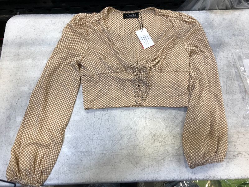 Photo 1 of CIDER BROWN CHECKERED LONG SLEEVE CROP TOP WITH LACE- MEDIUM