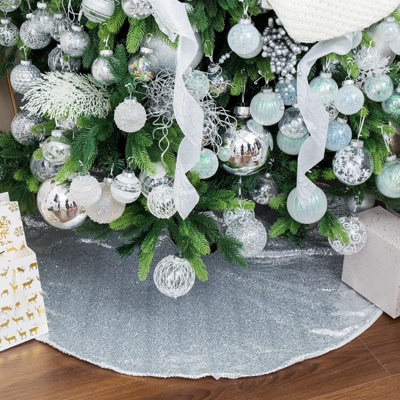 Photo 1 of 48 Inch Christmas Tree Skirt Silver Sequin Tree Skirt Round Sparkle Fabric Xmas Tree Skirt Mat for Holiday Decorations