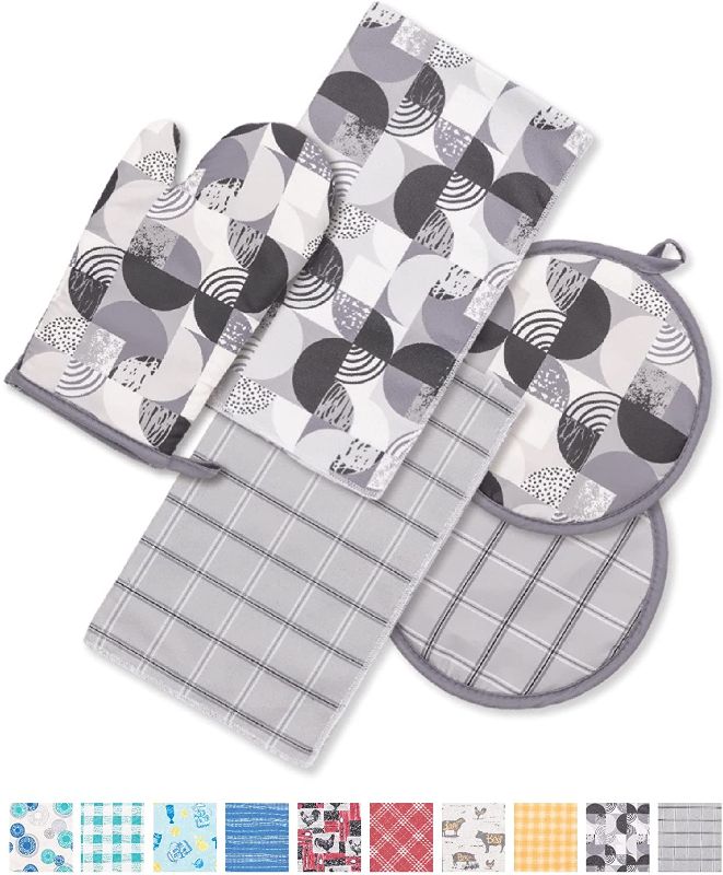 Photo 1 of YiHomer 5 Pack Kitchen Set | Oven Mitt and 2 Round Pot Holders of Quilted Lining with Cotton Wadding - 2 Dish Towels for Drying Dishes | Perfect for Gifting, Baking and Everyday Cooking (BA & GC)
