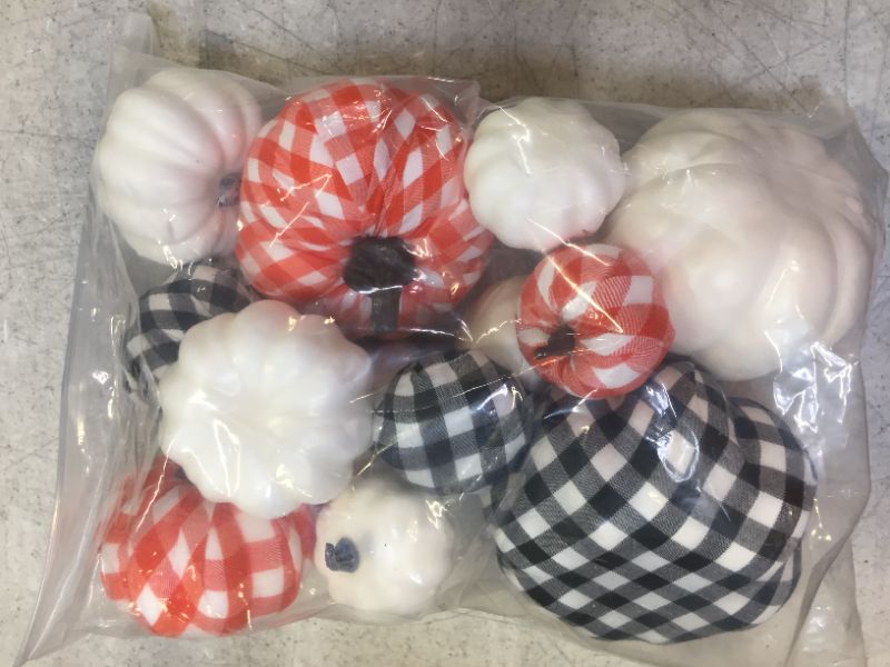 Photo 2 of 13 Pcs Pumpkin Decor, Artificial Pumpkins Bufflo Plaid White Black Pumpkins Fake Foam Pumpkins for Halloween Autumn Harvest Wedding Thanksgiving Farmhouse Fall Home Decorations
