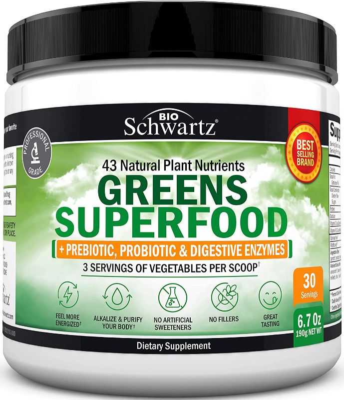 Photo 1 of Chlorophyll Rich Super Greens Organic Powder with Probiotics Prebiotics & Digestive Enzymes - 43+ Green Superfoods Alfalfa Bilberry Spirulina Chlorella - Dr Approved Keto Friendly Vegan Supplement
