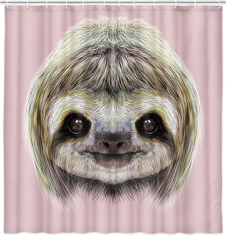 Photo 1 of DEECABIN Cute Sloth Shower Curtain, Wildlife Sloth Bathroom Decor Set with Hooks, Funny Sloth Face Bath Curtains Pink Background 72X72IN, Pink
