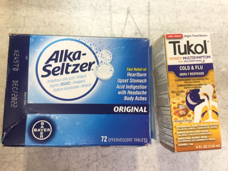 Photo 1 of Alka Seltzer Heartburn Relief and Pain Relief Antacid Tablets – 72 Ct with TUKOL Adult Honey Multi-Symptom Cold & Flu Nighttime Liquid Cough Medicine, 4 Ounce
