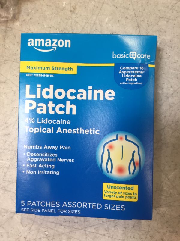 Photo 2 of Amazon Basic Care Lidocaine Patches, 4% Lidocaine, Maximum Strength Pain Relief Patches in Assorted Sizes, Fragrance Free, 5 Count--expires May 2022 
