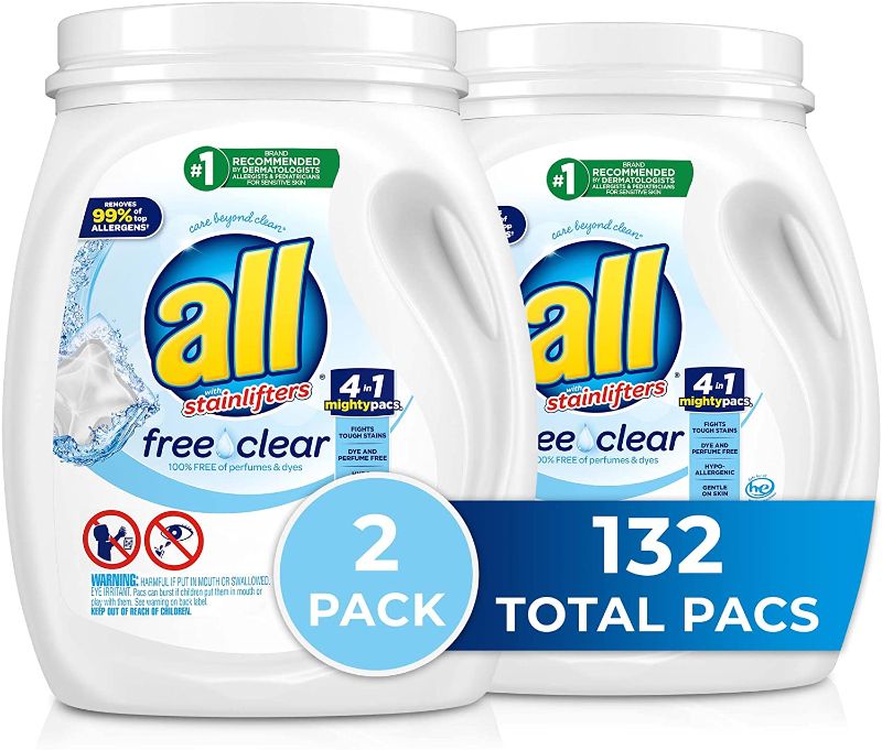 Photo 1 of All Mighty Pacs with stainlifters free clear Laundry Detergent, Free Clear for Sensitive Skin, 66 Count - (Pack of 2)
