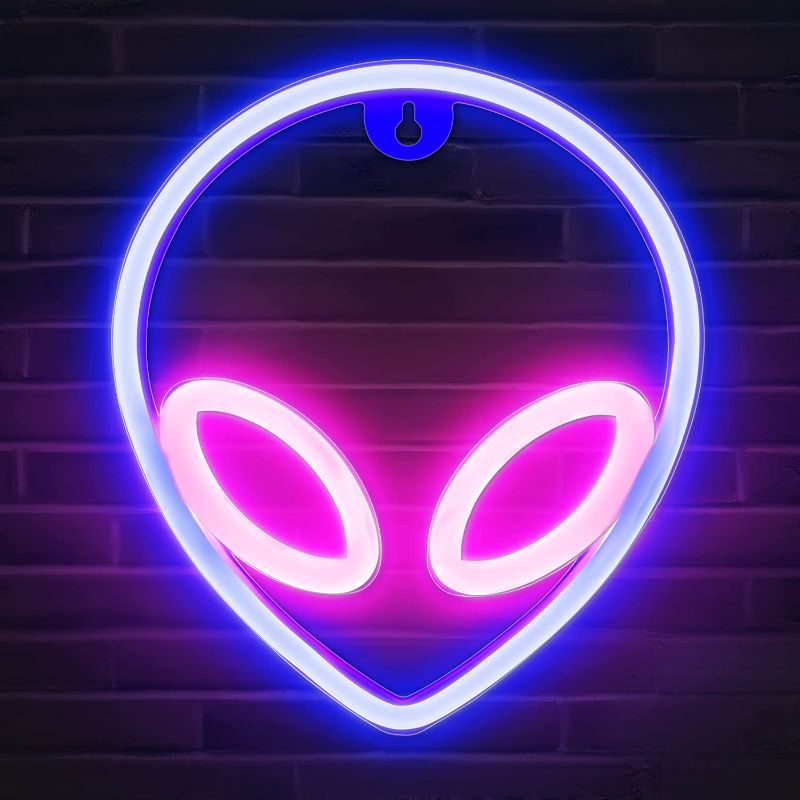 Photo 1 of  Alien Neon Sign, Pink and Blue Alien Decorations Neon Lights with On/Off Switch, Cool Alien Light Neon Signs for Bedroom, Gaming Room, Aesthetic Hanging Alien Led Signs for Wall Decor