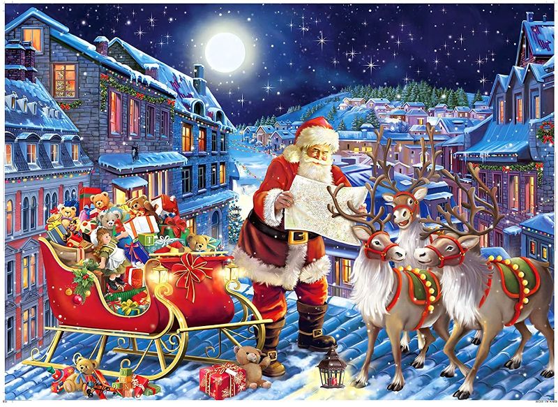 Photo 1 of Christmas Jigsaw Puzzles 1000 Pieces for Adults and Teens, Santa Claus and Elk in the Warm Christmas Night, Holiday Jigsaw Puzzles, Educational Christmas Gift with Letter on Back (27.56 x 19.69 inches)++factory sealed