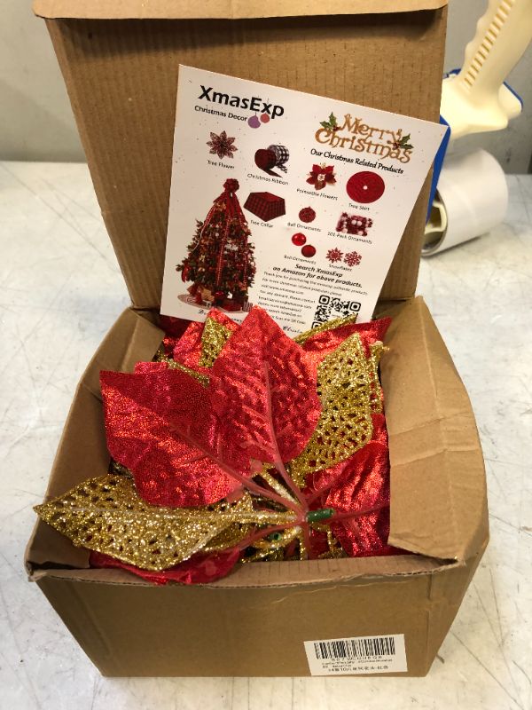 Photo 2 of 10 Pack Christmas Poinsettia Flowers Glitter Poinsettia Bushes Christmas Tree Flowers Christmas Poinsettia Ornament, Artificial Poinsettia Flowers Christmas Decorations-Red