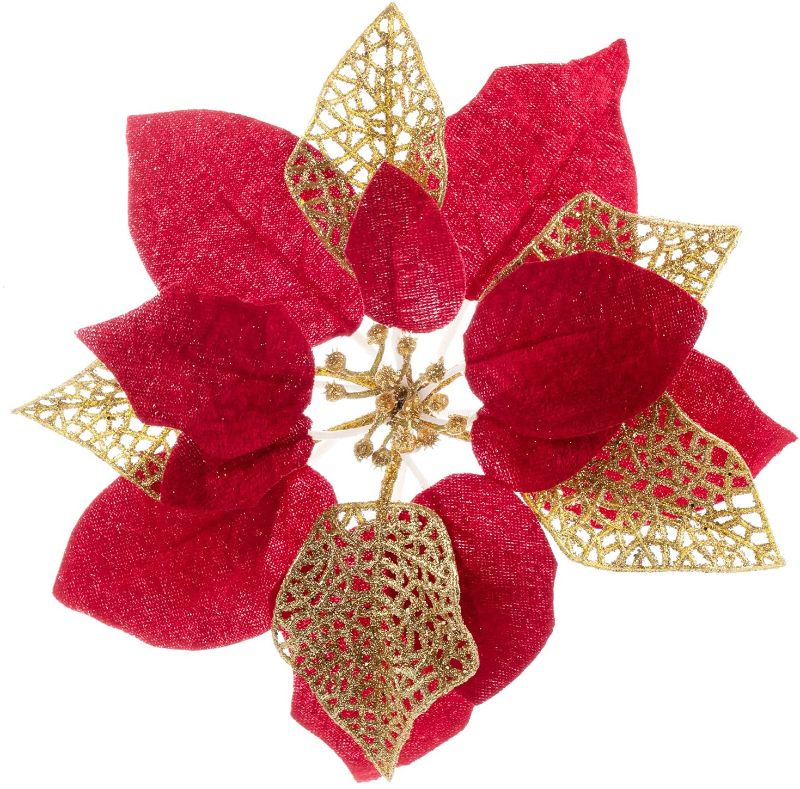 Photo 1 of 10 Pack Christmas Poinsettia Flowers Glitter Poinsettia Bushes Christmas Tree Flowers Christmas Poinsettia Ornament, Artificial Poinsettia Flowers Christmas Decorations-Red