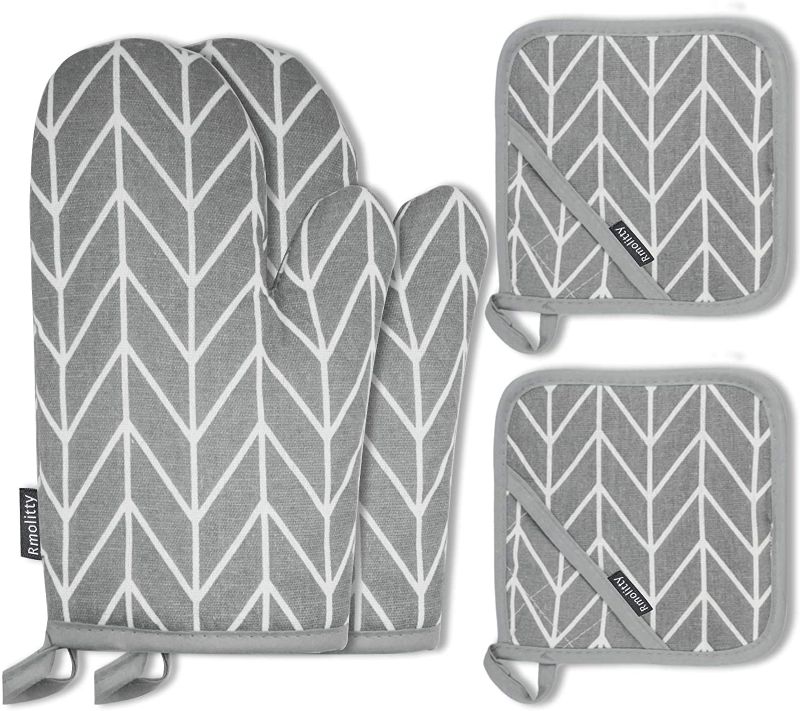 Photo 2 of 2 Oven Mitts and 2 Pot Holders Set, Soft Fabric Lining with Non-Slip Surface, Heat Resistant Kitchen Microwave Gloves for Baking Cooking Grilling BBQ (Grey)