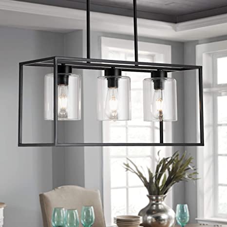 Photo 1 of 3-Lights Glass Chandelier for Kitchen Island, Modern Industrial Linear Pendant Lighting, Black Farmhouse Rectangular Pendant Light Fixture for Kitchen, Dining Room, Living Room, Bedroom, Bar
