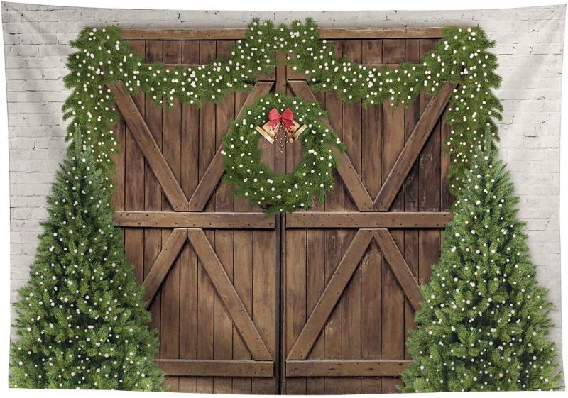 Photo 1 of Allenjoy 7x5ft Winter Christmas Brown Wood Door Photography Backdrop Supplies for Newborn Kids Baby Shower Birthday Party Pine Tree Decors Rustic Brick Wall Studio Photoshoot Props Favors