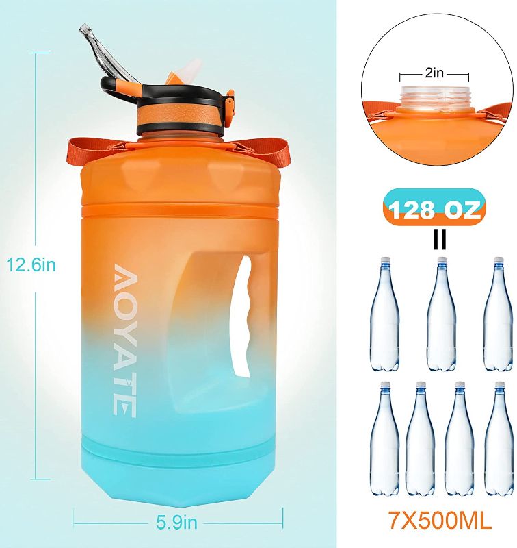 Photo 1 of 1 Gallon /128 OZ Motivational Water Bottle with Time Marker & Straw, Leakproof Large Water Jugs with Handle, [Wide Mouth] Tritan BPA Free Sports Water Bottle for Fitness Gym Outdoor Sports (Orange/Blue Gradient)
