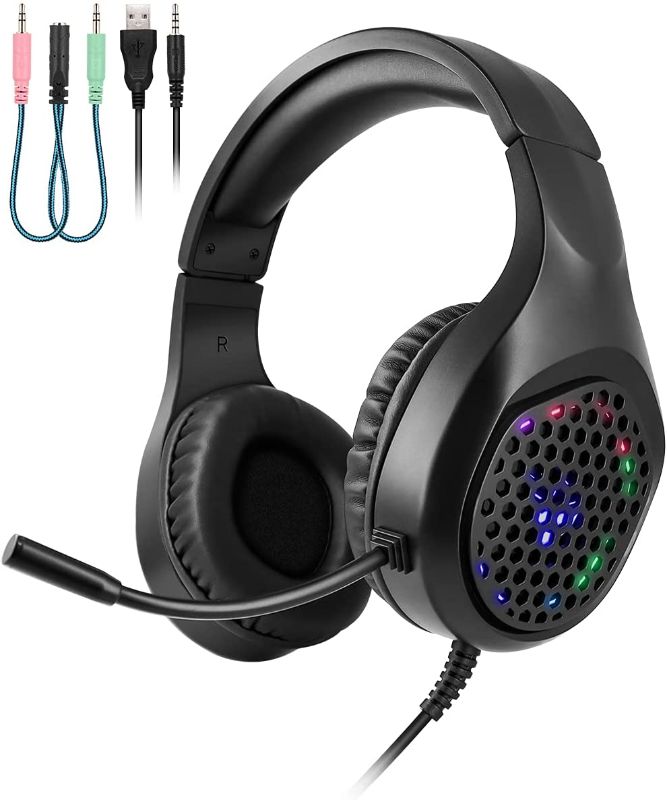 Photo 1 of Gaming Headset for PS4 Xbox One PS5 Controller, Etour Deep Bass Stereo Noise Cancelling Headphones with Mic, LED Light, Soft Memory Earmuffs for Smart Phone PC Laptop Mac Nintendo Switch Xbox Series
