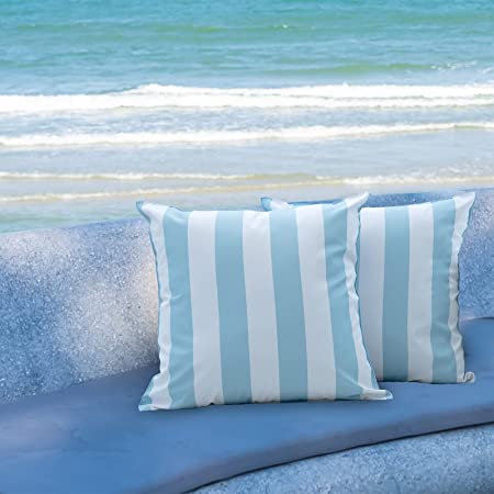 Photo 1 of [Ultra Water Resistant] Bonlino Pack of 2 Decorative Outdoor Patio Waterproof Throw Pillow Covers Garden Cushion Sham Pillowcase Shell for Patio Furniture and Sunbrella 18x18 Inch (Light Blue Stripes)
