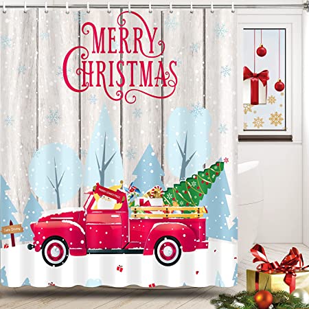 Photo 1 of Christmas Shower Curtains Xmas Tree Shower Curtain Red Retro Truck Shower Curtain Winter Holiday Waterproof Fabric Bathroom Decor with Hooks (W59”×H71”)
