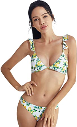 Photo 1 of LIN-QUEE Women Ruffle Lemon Print Bikini Set Swimsuit Triangle Sexy Low Waisted Two Pieces Bathing Suits -- SIZE LARGE 
