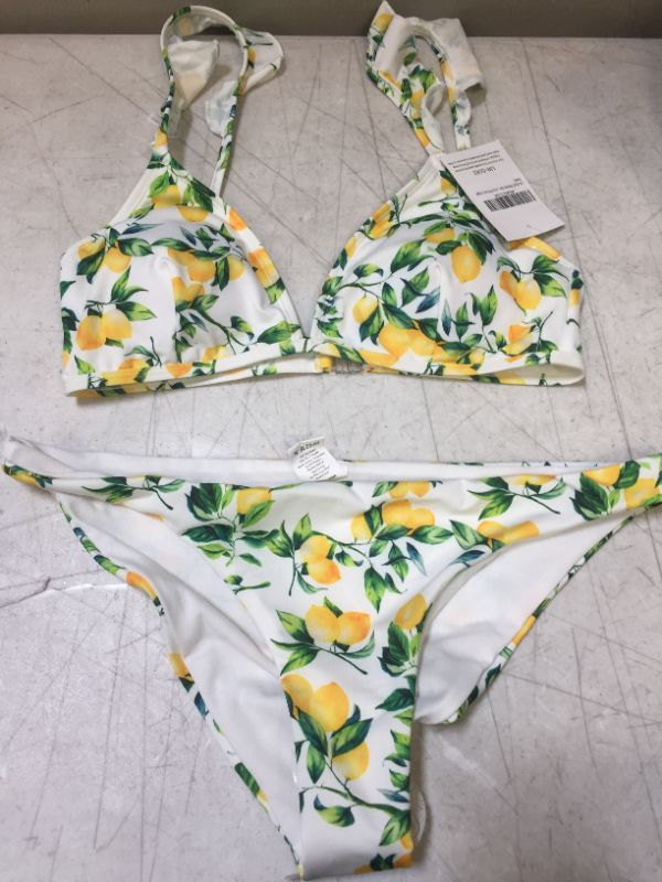 Photo 2 of LIN-QUEE Women Ruffle Lemon Print Bikini Set Swimsuit Triangle Sexy Low Waisted Two Pieces Bathing Suits -- SIZE LARGE 
