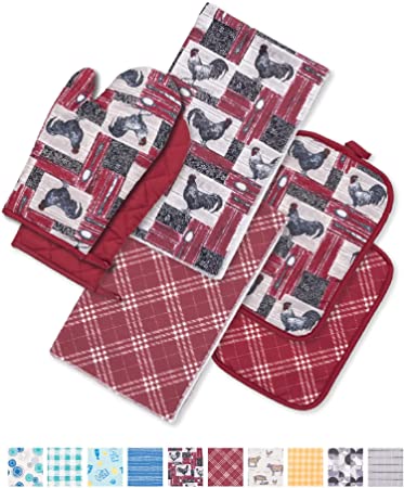 Photo 1 of 6 Pack Kitchen Set | 2 Oven Mitts and 2 Rectangular Pot holders of Quilted Lining with Cotton Wadding - 2 Dish Towels for Drying Dishes | Perfect for Gifting, Baking and Everyday Cooking (FC & BRC)
