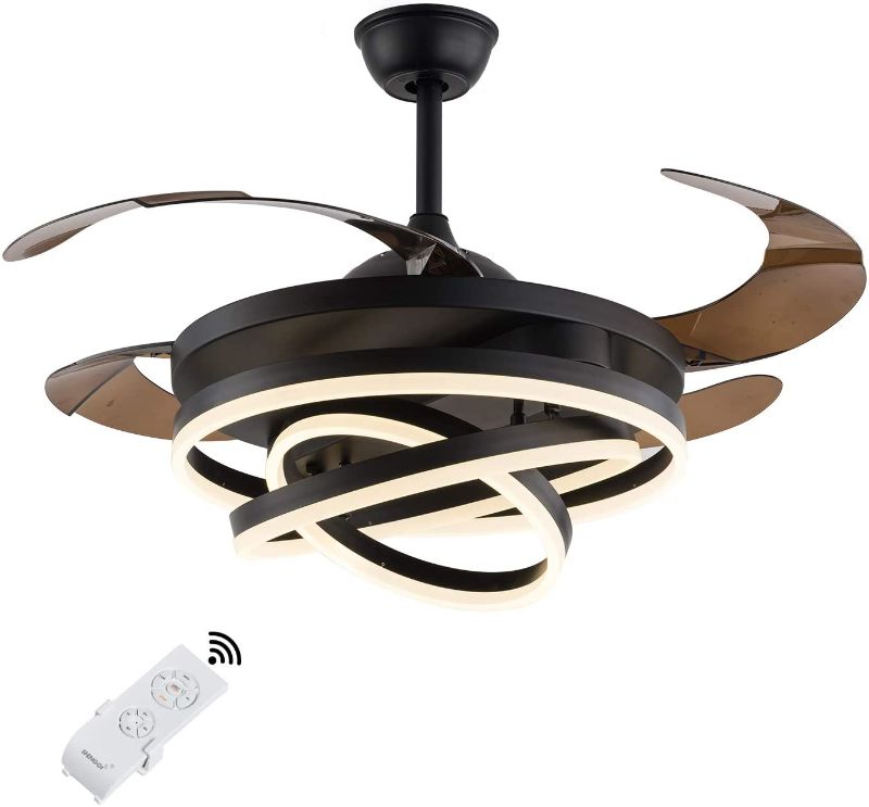 Photo 1 of 42" Retractable Ceiling Fan with Light Remote Control,4 Invisible Blades Retractable Fans Chandelier for Kids Room Bedroom Ceiling Fan,3 Color Change Chandelier Fan Light(Black)
