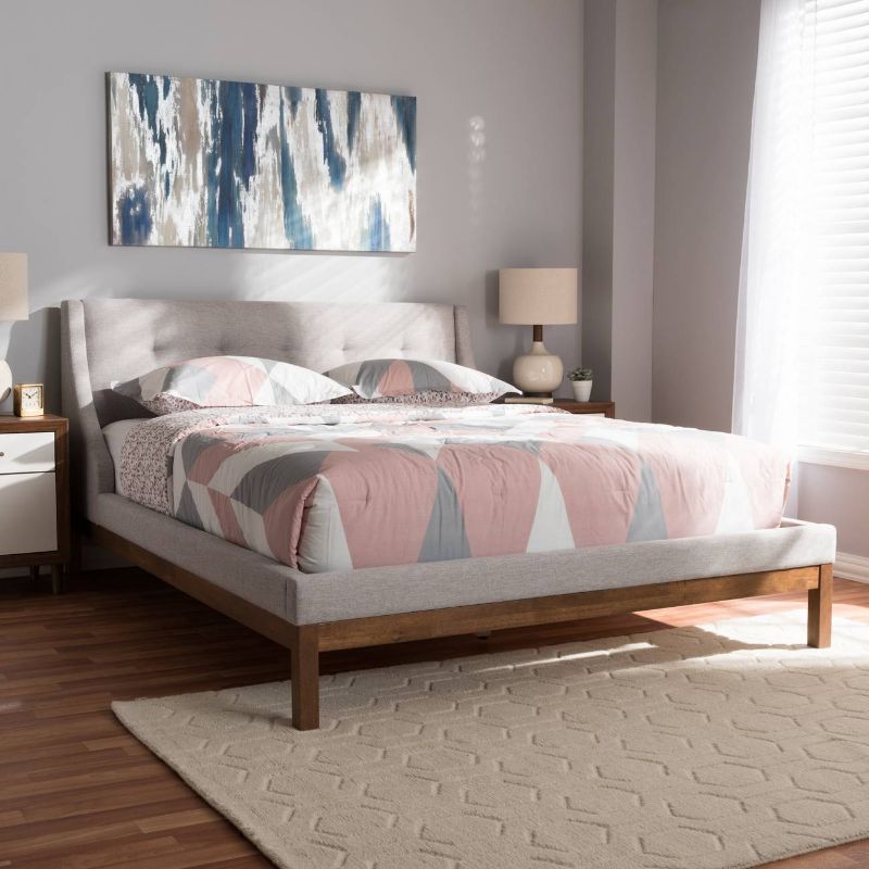 Photo 1 of BOX 1 OF 3, Baxton Studio Louvain Modern Greyish Beige Fabric Walnut-Finished Queen Sized Platform Bed - BBT6696-Greyish Beige-Queen CONTAINS ONLY HEADBOARD AND HEADBOARD WING

