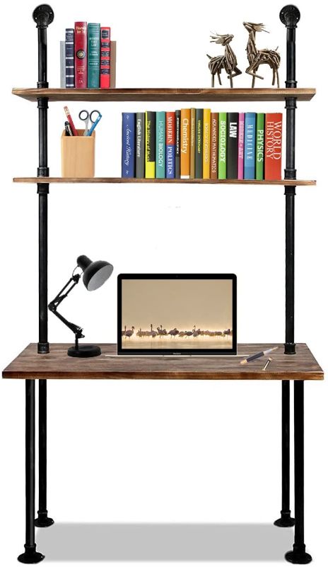 Photo 1 of 79-inch Industrial Laptop Desk Solid Wood Computer Desk Wall Pipe Desk with Shelves Computer Table for Home Office (L:40 inch)
