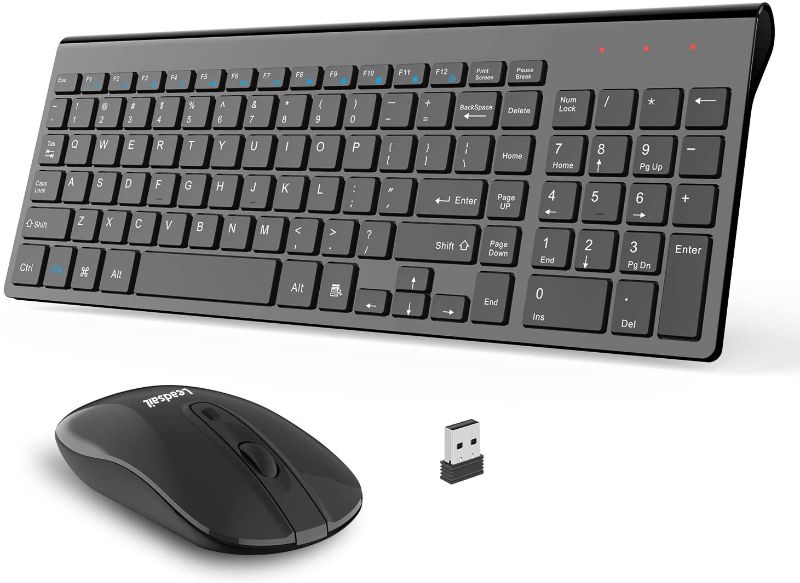 Photo 1 of Wireless Keyboard and Mouse Combo, LeadsaiL Compact Quiet Full Size Wireless Keyboard and Mouse Set 2.4G Ultra-Thin Sleek Design for Windows, Computer, Desktop, PC, Notebook, Laptop (Light Black) SELLING FOR PARTS