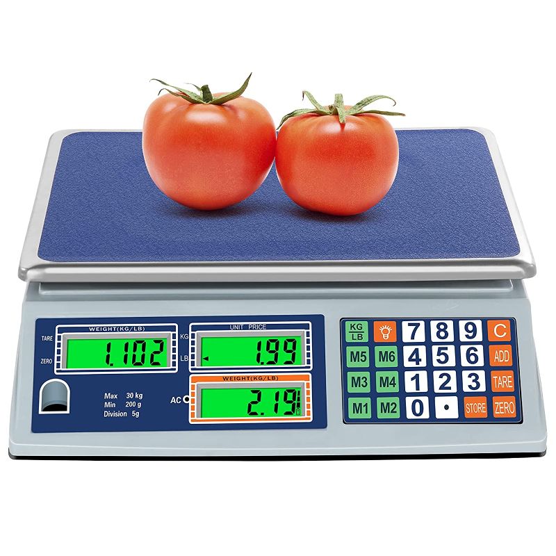Photo 1 of Allprettyall Digital Commercial Price Scale 66lb/30kg with Dual LCD Display Stainless Steel Platform Rechargeable Battery Electronic Price Computing Scale for Food Meat Fruit Produce
