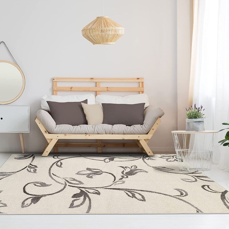 Photo 1 of SUPERIOR Indoor Small Area Rug with Jute Backing, Shabby Chic Floral Decor, Perfect for Entry, Dorm, Living Room, Bedroom, Office, Hallway, Kitchen, Hardwood Floors, Vine Collection, 4' x 6', Ivory
