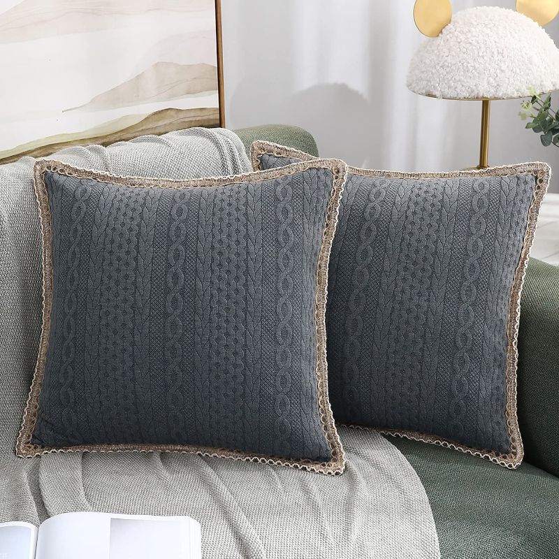 Photo 1 of 3D Embossed Farmhouse Decorative Pillow Covers, Set of 2 Lace Trimmed Edge Throw Pillowcases Stretchy Cushion Cases for Sofa Couch Chair, 24x24 inch, Dark Grey
