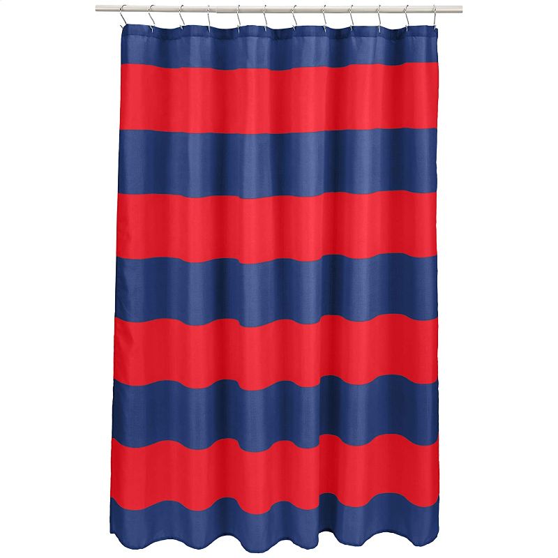 Photo 1 of Amazon Basics Fun and Playful Red/Blue Rugby Stripe Printed Pattern Kids Microfiber Bathroom Shower Curtain - Red/Blue Rugby Stripe, 72 Inch
