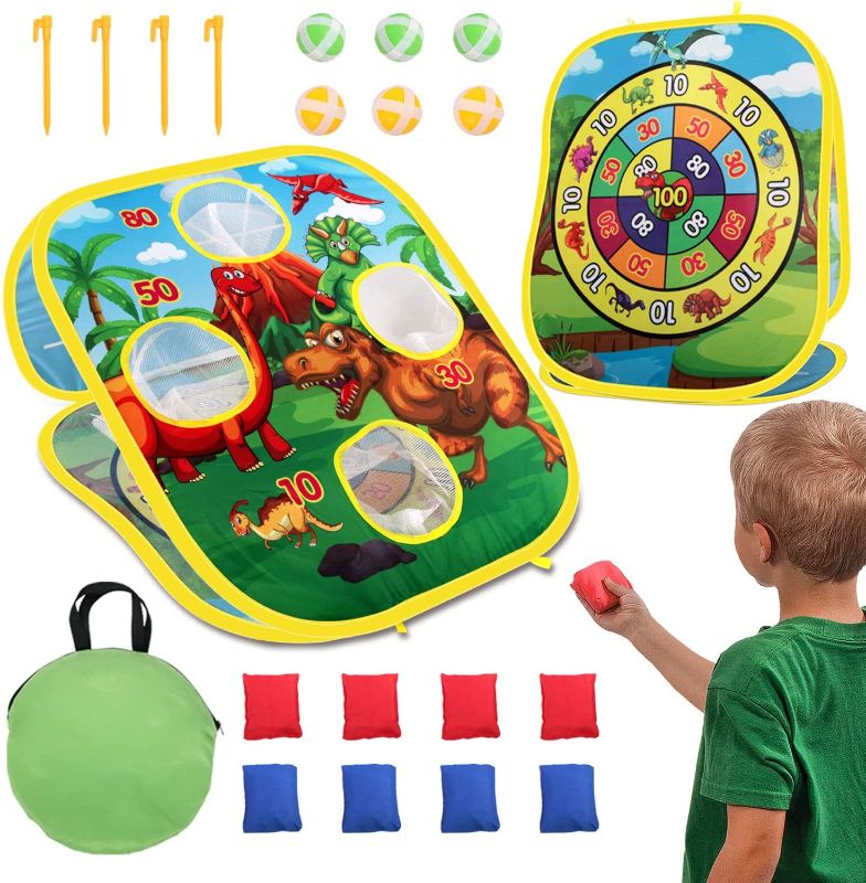 Photo 1 of 3 in 1 Dinosaur Bean Bag Toss Game Toy for 2 3 4 5 Years Old, Indoor Outdoor Lawn Yard Cornhole Game Dart Game Tic Tac Toe Game for Toddlers Kids, Perfect for Boys Girls Dinosaur Theme Party
