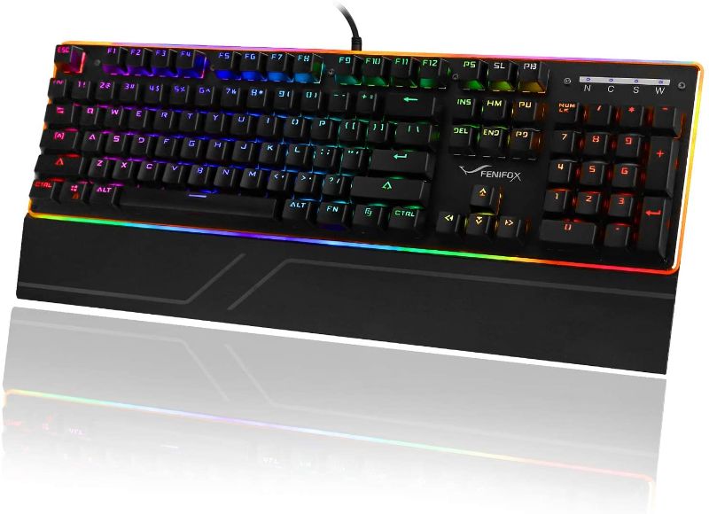 Photo 1 of Mechanical Keyboard,Wired RGB Backlit Mechanical Gaming Keyboard Blue Switch Rainbow LED Ergonomic with Wrist Rest for Windows PC Gamer PS4 Xbox one

