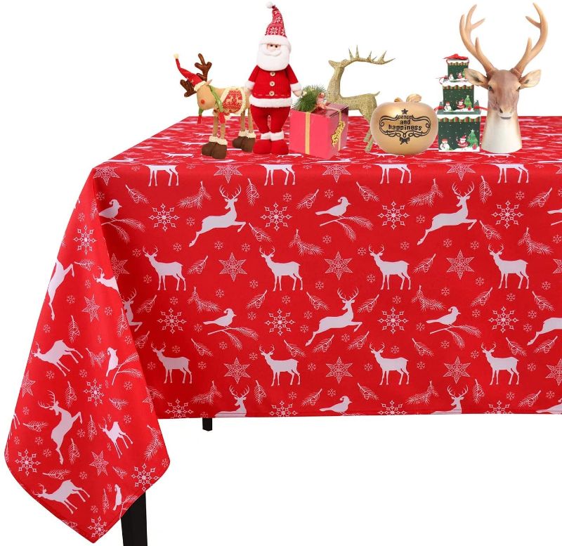 Photo 1 of Christmas Rectangle Tablecloth - Red Printed Reindeer Snowflake Decorative Waterproof Washable Polyester Table Cloths for Xmas Dinner/New Year's Eve/Party Decoration/Holiday (60 x 84 inch)
