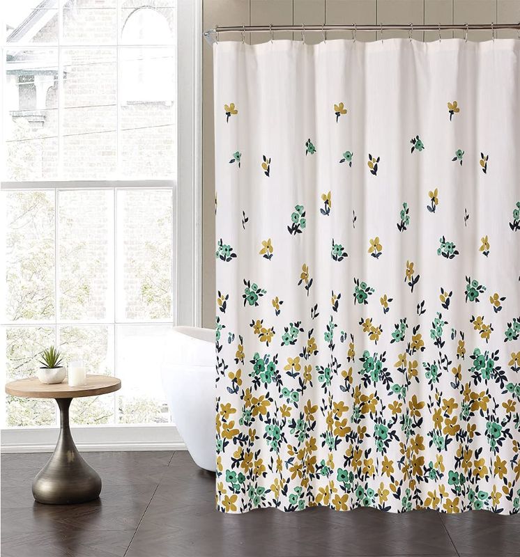 Photo 1 of Artisyne 100% Cotton Flower Shower Curtain,Green and Yellow Flower in White Cloth Fabric?Hotel Quality Farmhouse Shower Curtain for Bathroom Decor , 72" x 72"
