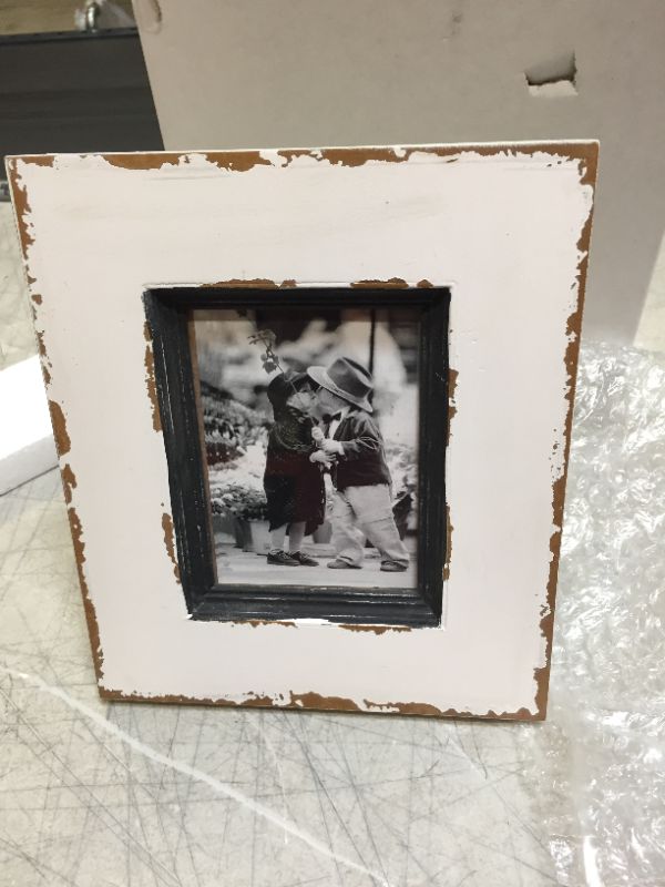 Photo 2 of Distressed White Picture Frame - 4"x 5"opening - Farmhouse Picture Frame with Rustic Frame Border- Gray Trim with Real Glass - Cute Coastal Beach Frame - suit Living Room & Bedroom Decor - Wall or Table Top.
