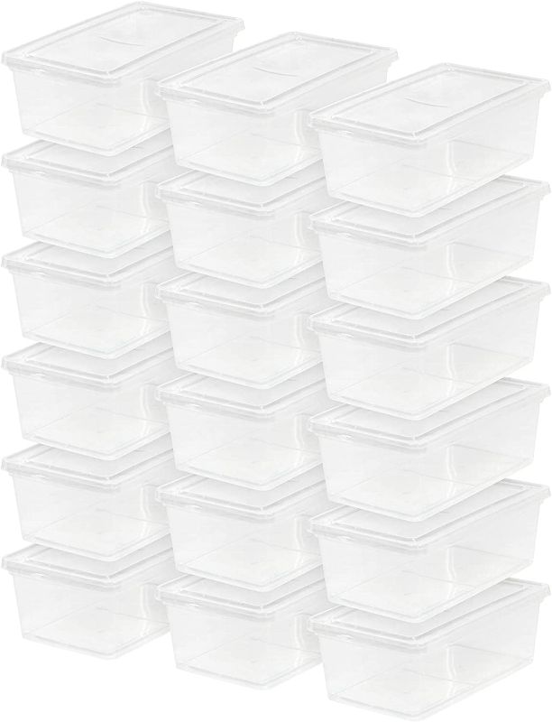 Photo 1 of IRIS USA 6 Quart Plastic Storage Bin Tote Organizing Container with Latching Lid for Shoes, Heels, Action Figures, Crayons/Pens, Art Supplies, Stackable and Nestable, 18 Count(Pack of 1), Clear
