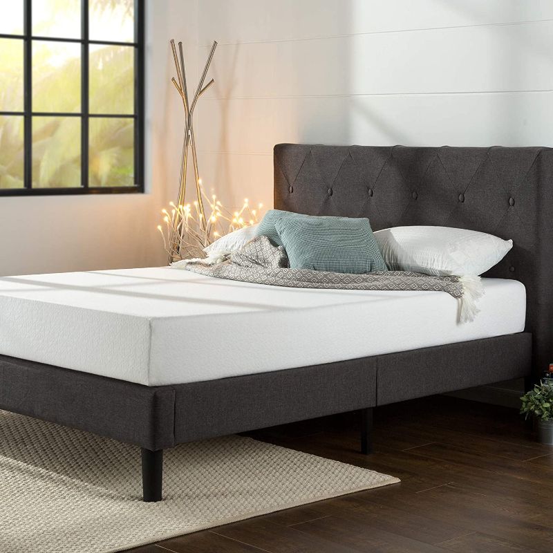 Photo 1 of ZINUS Shalini Upholstered Platform Bed Frame / Mattress Foundation / Wood Slat Support / No Box Spring Needed / Easy Assembly, Dark Grey, Queen
BOX DAMAGE ONLY 