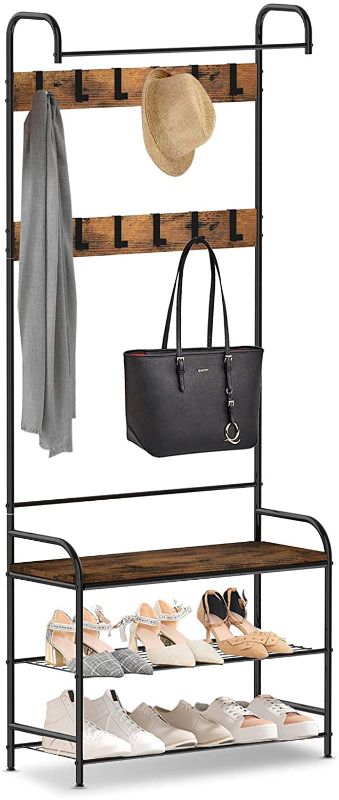 Photo 1 of 3-in-1 Entryway Coat Rack,Vintage Industrial Hall Tree 72 Inch with Storage Bench and Coat Racks Entryway Storage Shelf Organizer with 9 Hooks? Large Size, Wood Look Accent Furniture with Metal Frame
