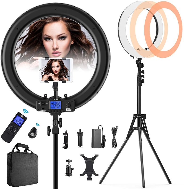 Photo 1 of Ring Light with Wireless Remote and iPad Holder, 19 Inch Bi-Color LCD Display Ring Light with Stand and Selfie Remote, 55W 3000-5800K CRI?97 Light Ring for Live Stream Self-Portrait Video Shooting
